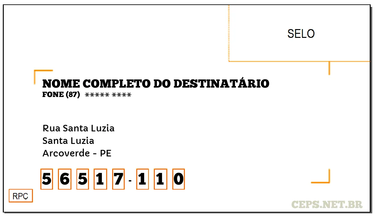 CEP ARCOVERDE - PE, DDD 87, CEP 56517110, RUA SANTA LUZIA, BAIRRO SANTA LUZIA.