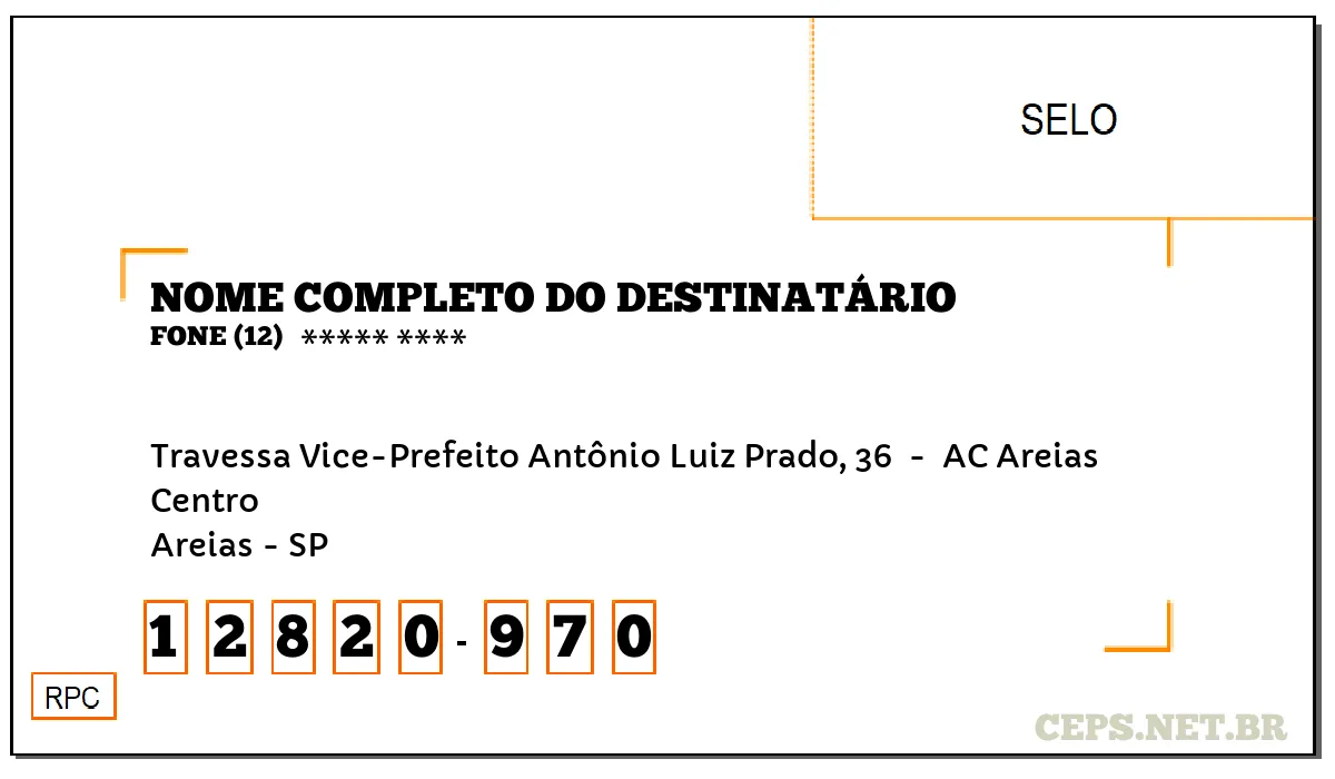 CEP AREIAS - SP, DDD 12, CEP 12820970, TRAVESSA VICE-PREFEITO ANTÔNIO LUIZ PRADO, 36 , BAIRRO CENTRO.