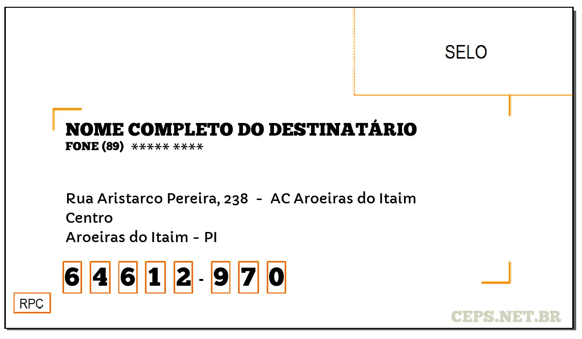 CEP AROEIRAS DO ITAIM - PI, DDD 89, CEP 64612970, RUA ARISTARCO PEREIRA, 238 , BAIRRO CENTRO.