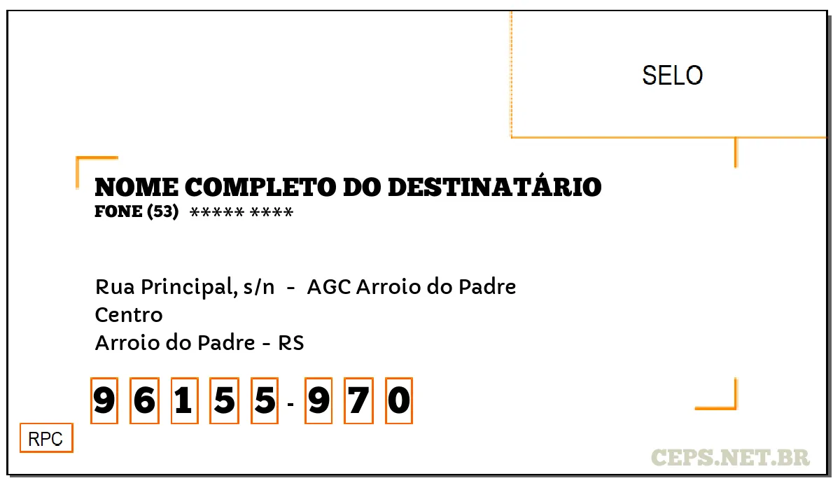 CEP ARROIO DO PADRE - RS, DDD 53, CEP 96155970, RUA PRINCIPAL, S/N , BAIRRO CENTRO.