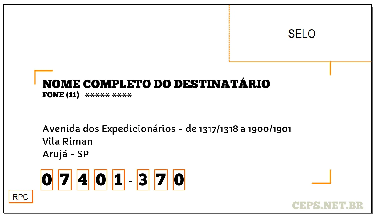 CEP ARUJÁ - SP, DDD 11, CEP 07401370, AVENIDA DOS EXPEDICIONÁRIOS - DE 1317/1318 A 1900/1901, BAIRRO VILA RIMAN.