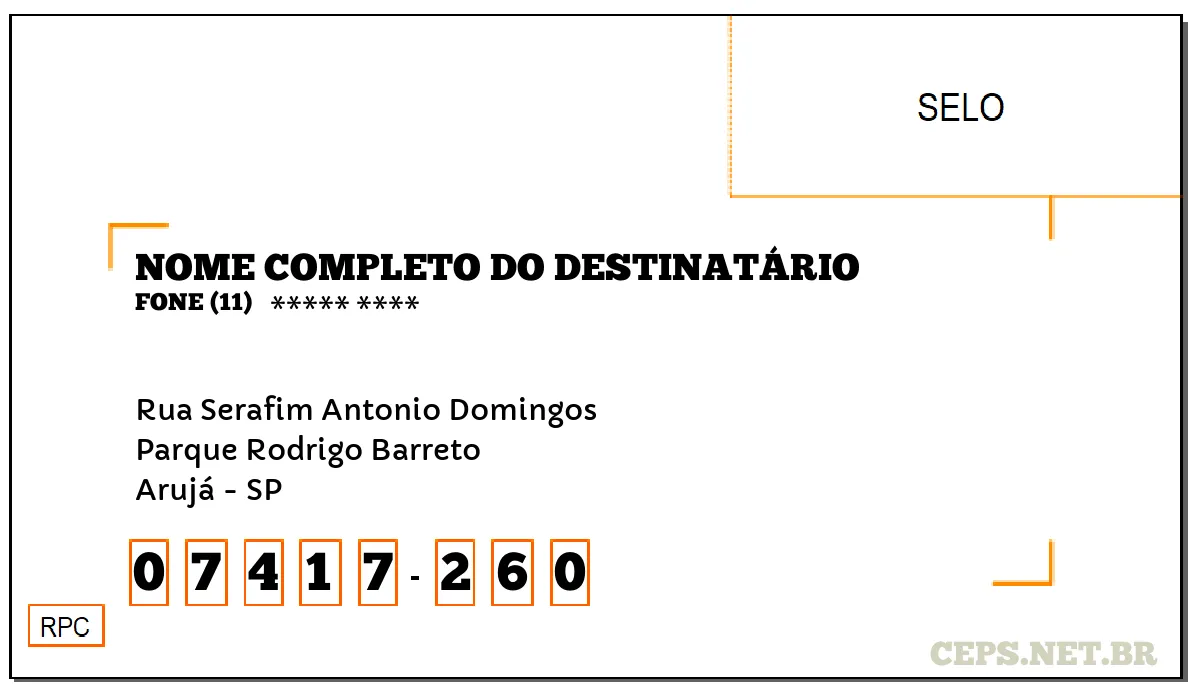 CEP ARUJÁ - SP, DDD 11, CEP 07417260, RUA SERAFIM ANTONIO DOMINGOS, BAIRRO PARQUE RODRIGO BARRETO.