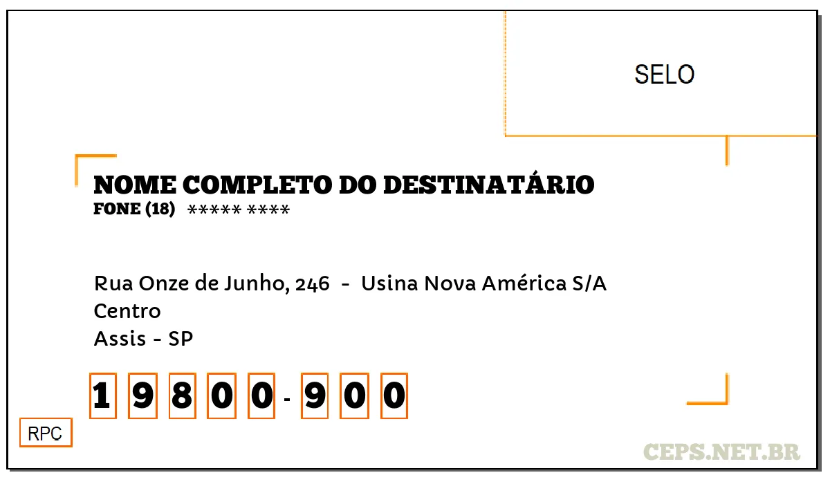 CEP ASSIS - SP, DDD 18, CEP 19800900, RUA ONZE DE JUNHO, 246 , BAIRRO CENTRO.