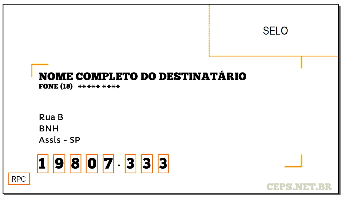 CEP ASSIS - SP, DDD 18, CEP 19807333, RUA B, BAIRRO BNH.