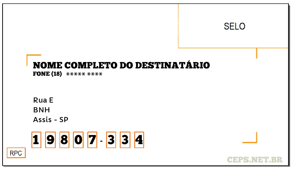 CEP ASSIS - SP, DDD 18, CEP 19807334, RUA E, BAIRRO BNH.