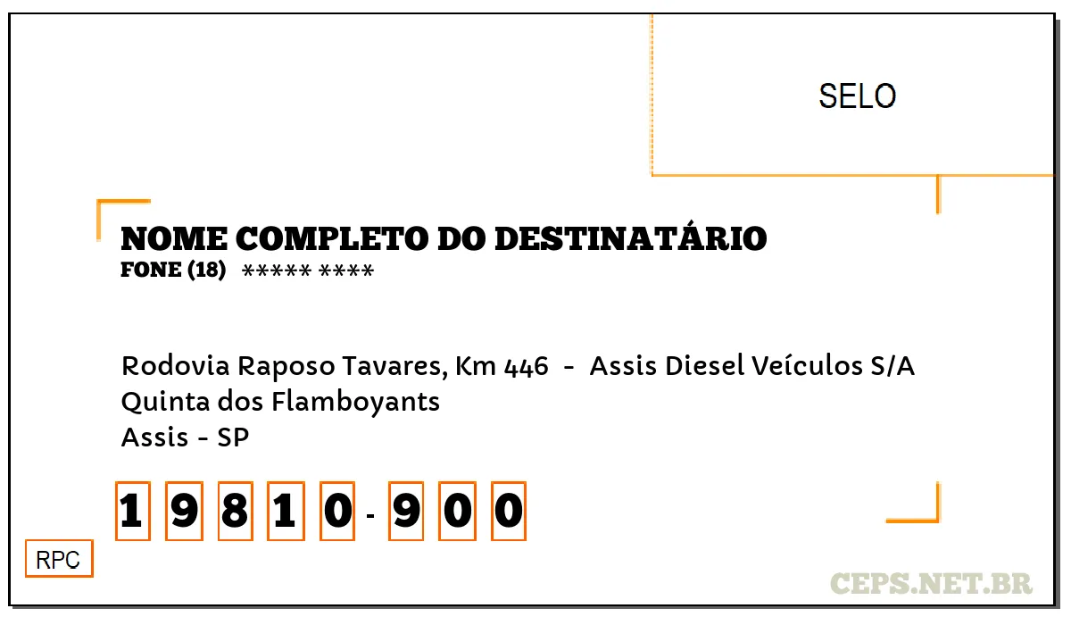 CEP ASSIS - SP, DDD 18, CEP 19810900, RODOVIA RAPOSO TAVARES, KM 446 , BAIRRO QUINTA DOS FLAMBOYANTS.