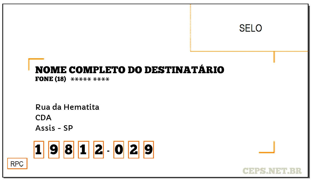 CEP ASSIS - SP, DDD 18, CEP 19812029, RUA DA HEMATITA, BAIRRO CDA.