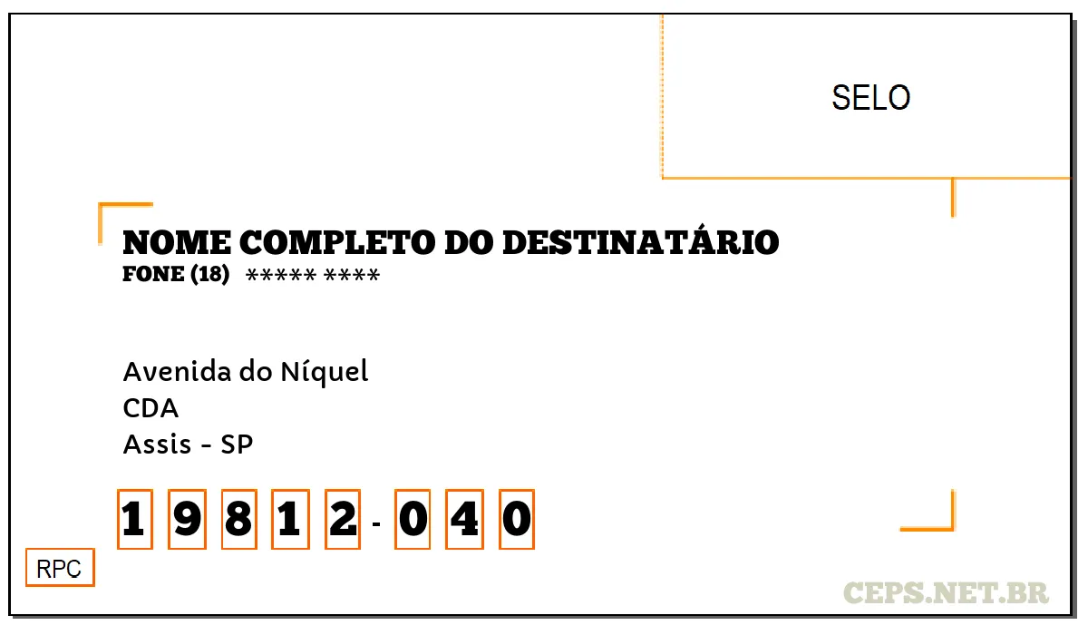 CEP ASSIS - SP, DDD 18, CEP 19812040, AVENIDA DO NÍQUEL, BAIRRO CDA.