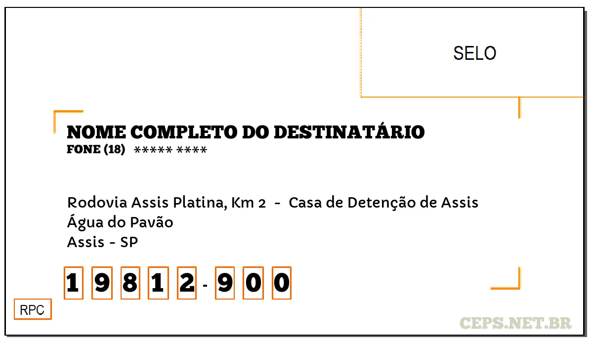 CEP ASSIS - SP, DDD 18, CEP 19812900, RODOVIA ASSIS PLATINA, KM 2 , BAIRRO ÁGUA DO PAVÃO.