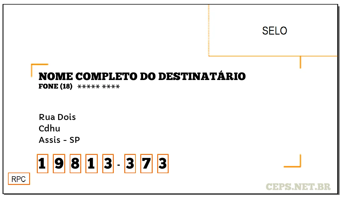 CEP ASSIS - SP, DDD 18, CEP 19813373, RUA DOIS, BAIRRO CDHU.