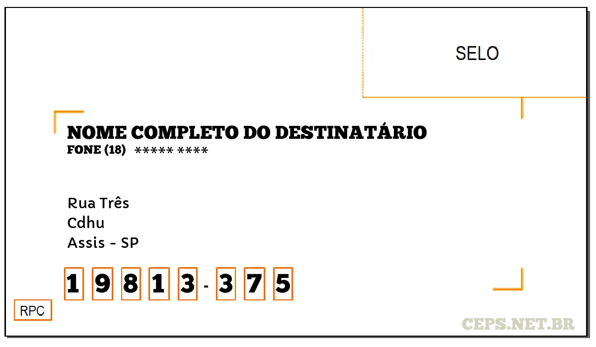 CEP ASSIS - SP, DDD 18, CEP 19813375, RUA TRÊS, BAIRRO CDHU.