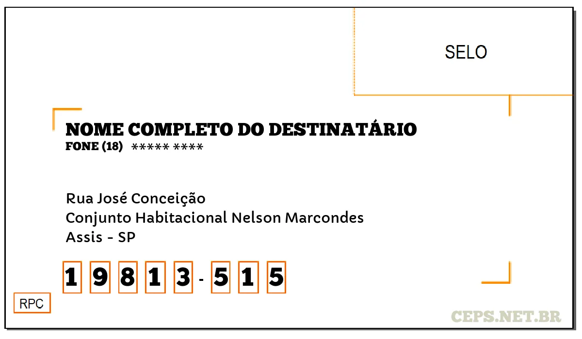 CEP ASSIS - SP, DDD 18, CEP 19813515, RUA JOSÉ CONCEIÇÃO, BAIRRO CONJUNTO HABITACIONAL NELSON MARCONDES.