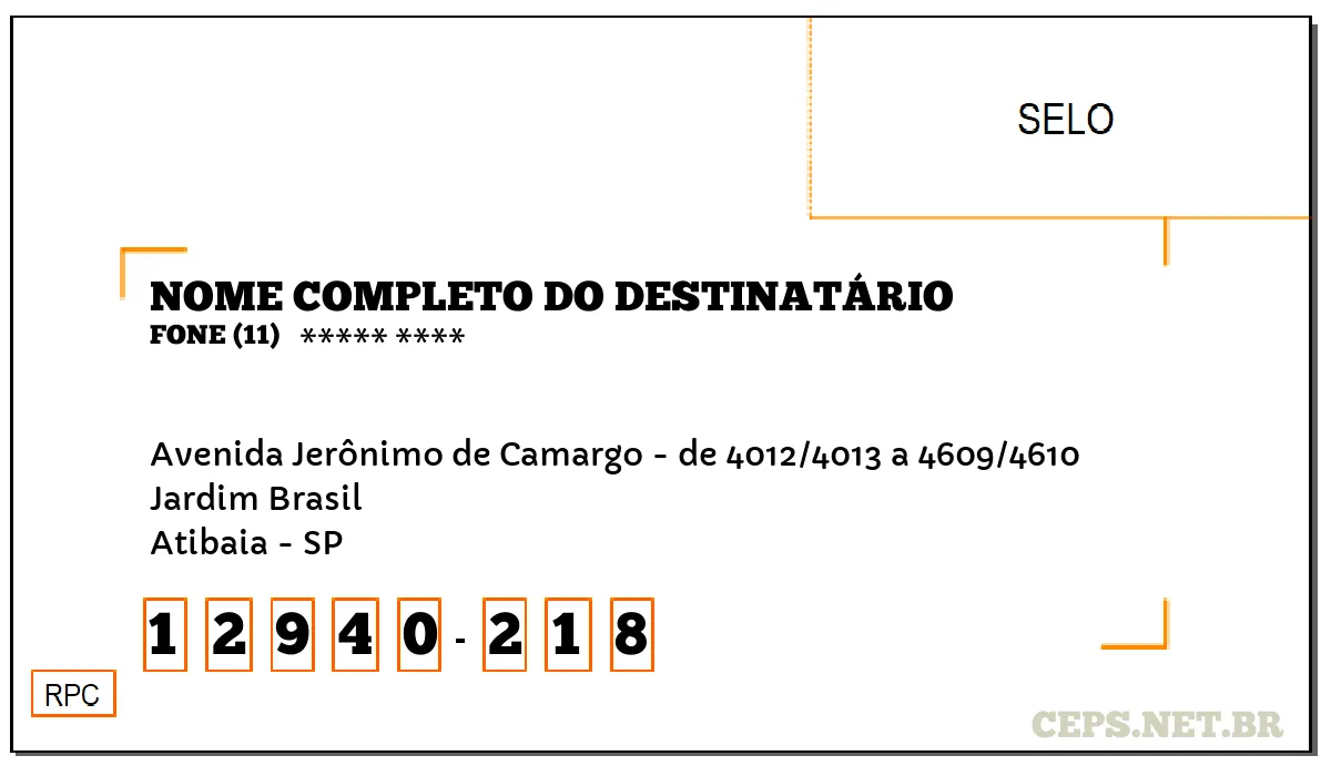 CEP ATIBAIA - SP, DDD 11, CEP 12940218, AVENIDA JERÔNIMO DE CAMARGO - DE 4012/4013 A 4609/4610, BAIRRO JARDIM BRASIL.