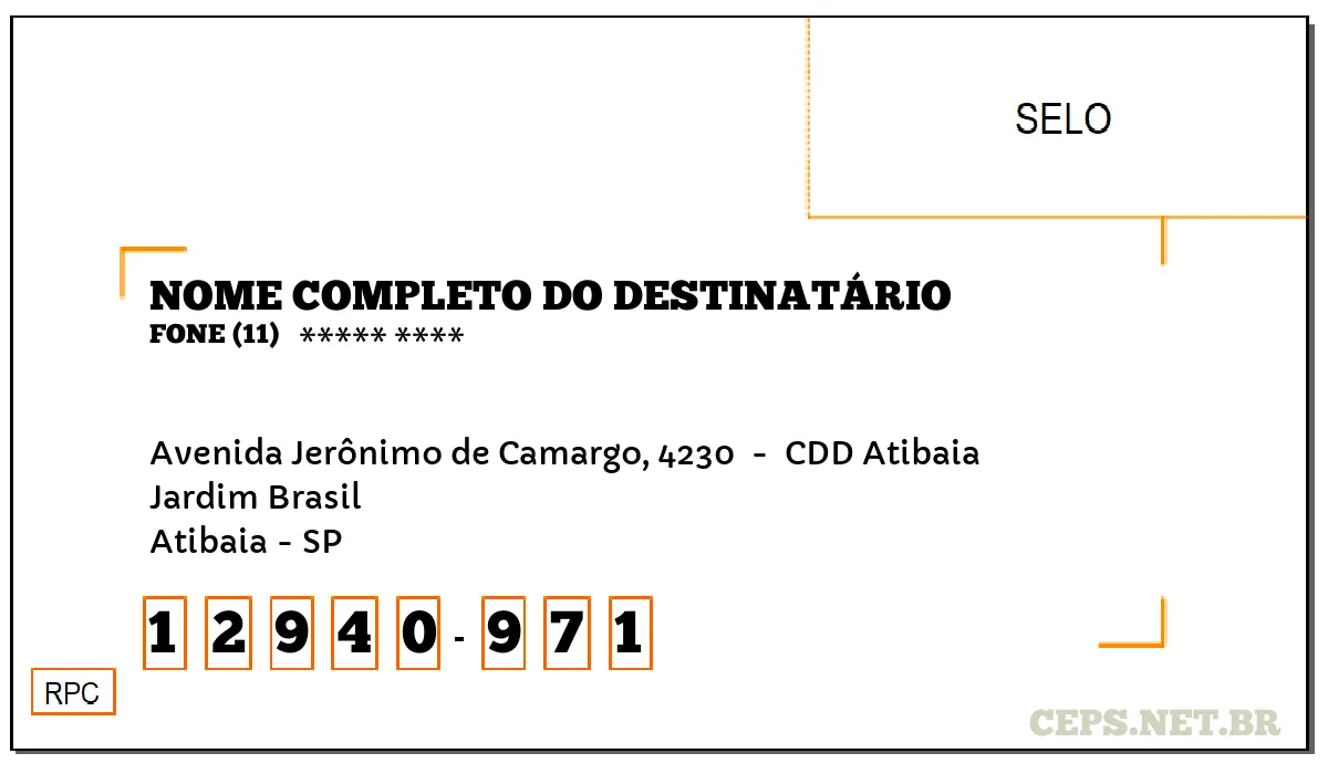 CEP ATIBAIA - SP, DDD 11, CEP 12940971, AVENIDA JERÔNIMO DE CAMARGO, 4230 , BAIRRO JARDIM BRASIL.