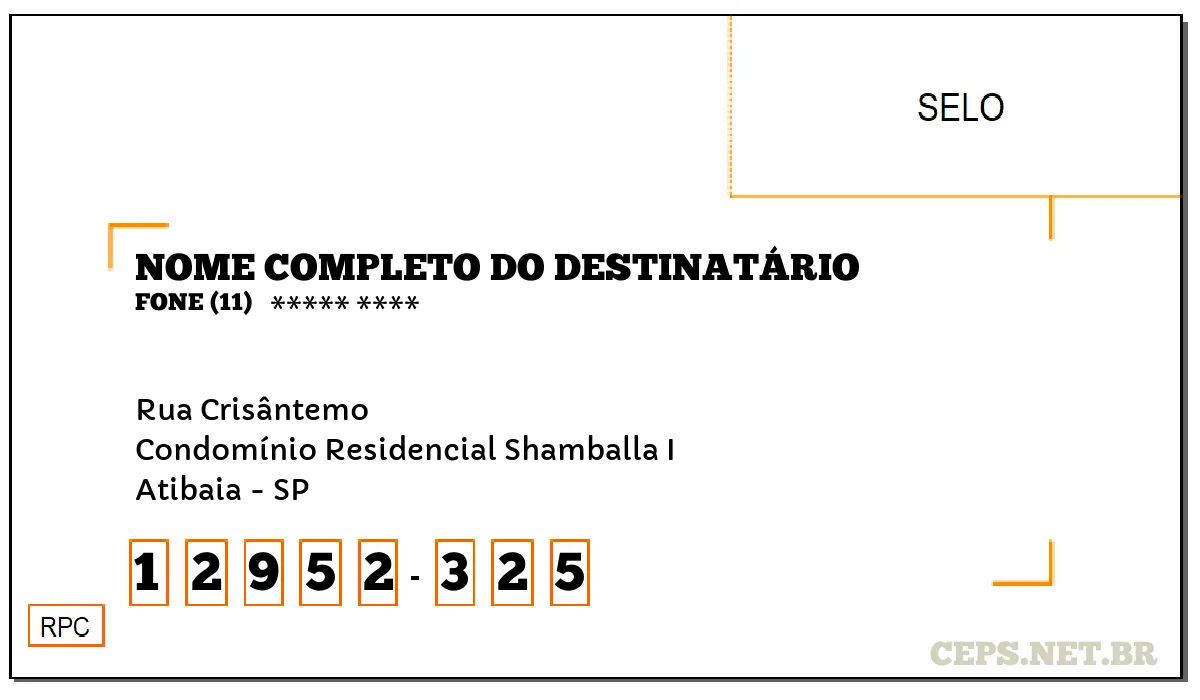 CEP ATIBAIA - SP, DDD 11, CEP 12952325, RUA CRISÂNTEMO, BAIRRO CONDOMÍNIO RESIDENCIAL SHAMBALLA I.