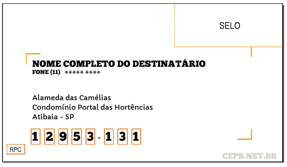 CEP ATIBAIA - SP, DDD 11, CEP 12953131, ALAMEDA DAS CAMÉLIAS, BAIRRO CONDOMÍNIO PORTAL DAS HORTÊNCIAS.