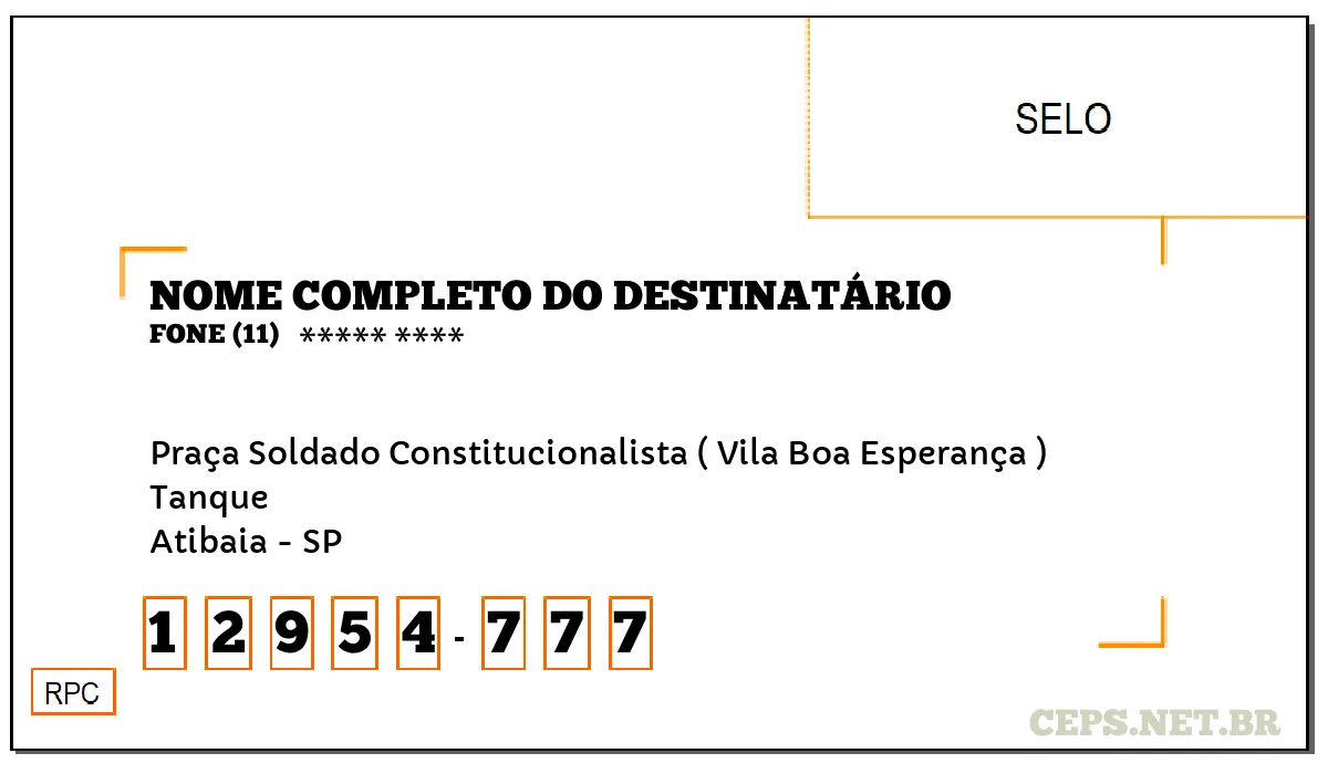 CEP ATIBAIA - SP, DDD 11, CEP 12954777, PRAÇA SOLDADO CONSTITUCIONALISTA ( VILA BOA ESPERANÇA ), BAIRRO TANQUE.