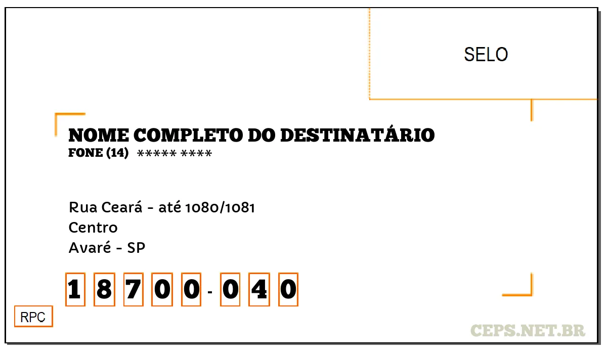 CEP AVARÉ - SP, DDD 14, CEP 18700040, RUA CEARÁ - ATÉ 1080/1081, BAIRRO CENTRO.