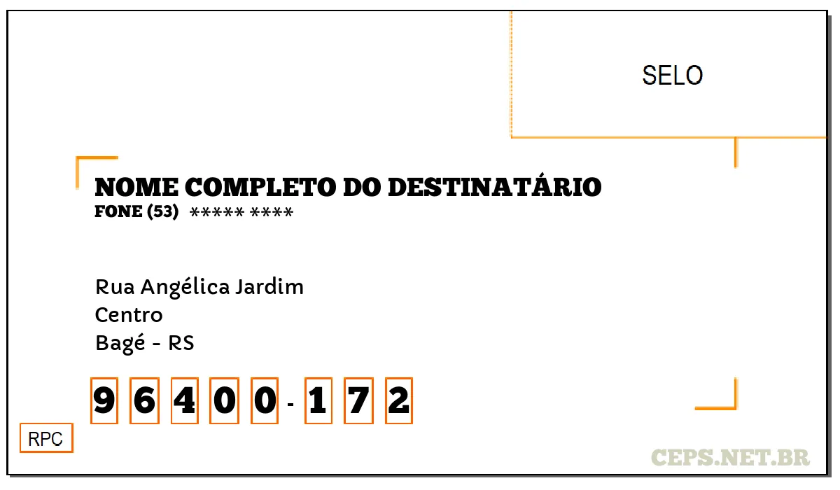 CEP BAGÉ - RS, DDD 53, CEP 96400172, RUA ANGÉLICA JARDIM, BAIRRO CENTRO.