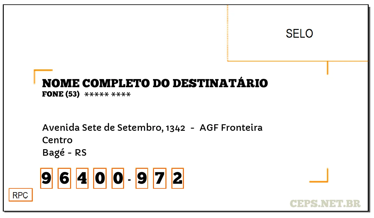 CEP BAGÉ - RS, DDD 53, CEP 96400972, AVENIDA SETE DE SETEMBRO, 1342 , BAIRRO CENTRO.