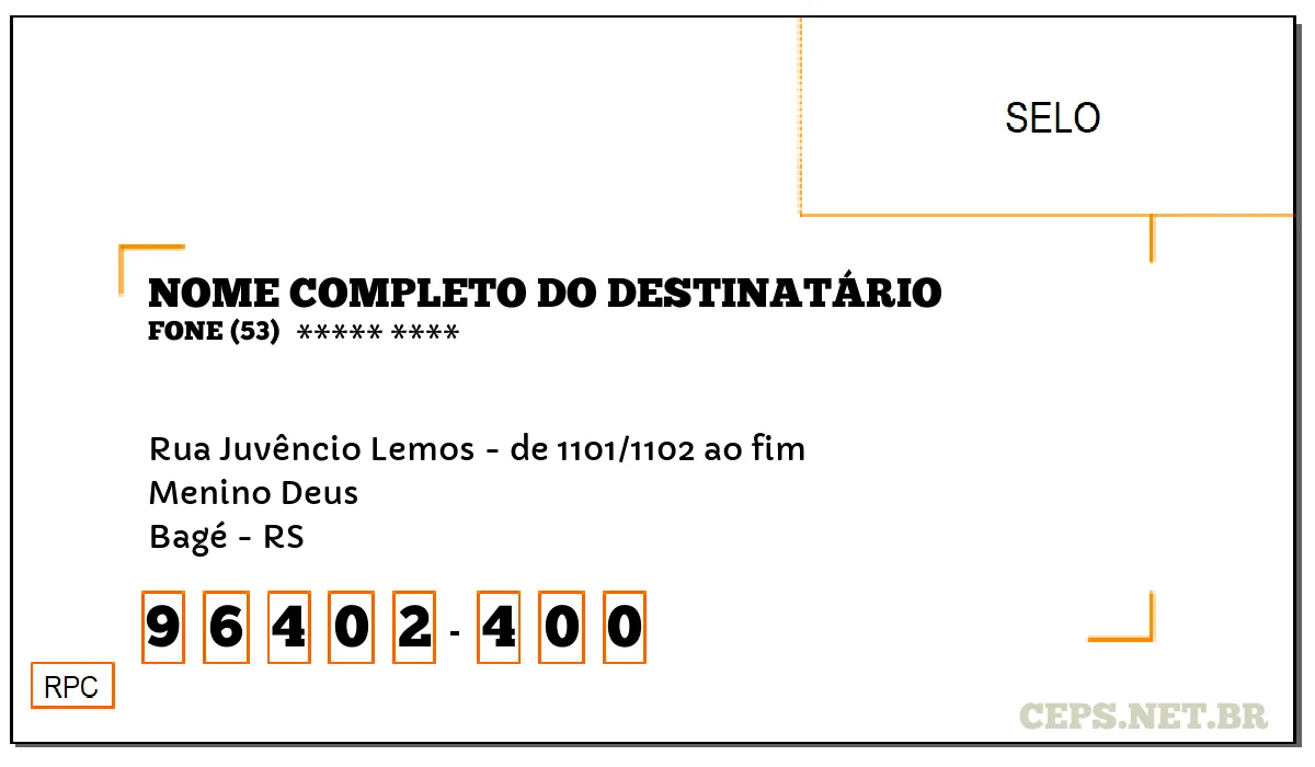 CEP BAGÉ - RS, DDD 53, CEP 96402400, RUA JUVÊNCIO LEMOS - DE 1101/1102 AO FIM, BAIRRO MENINO DEUS.