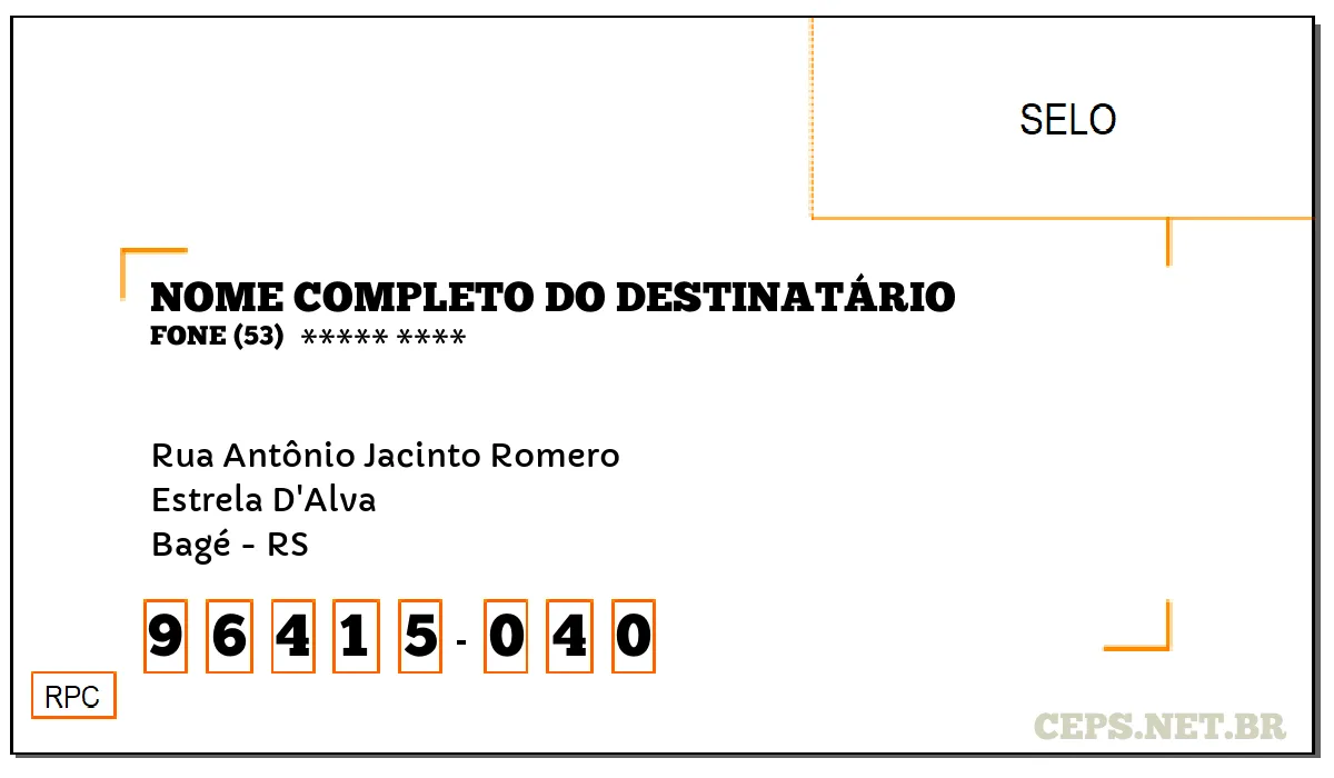 CEP BAGÉ - RS, DDD 53, CEP 96415040, RUA ANTÔNIO JACINTO ROMERO, BAIRRO ESTRELA D'ALVA.