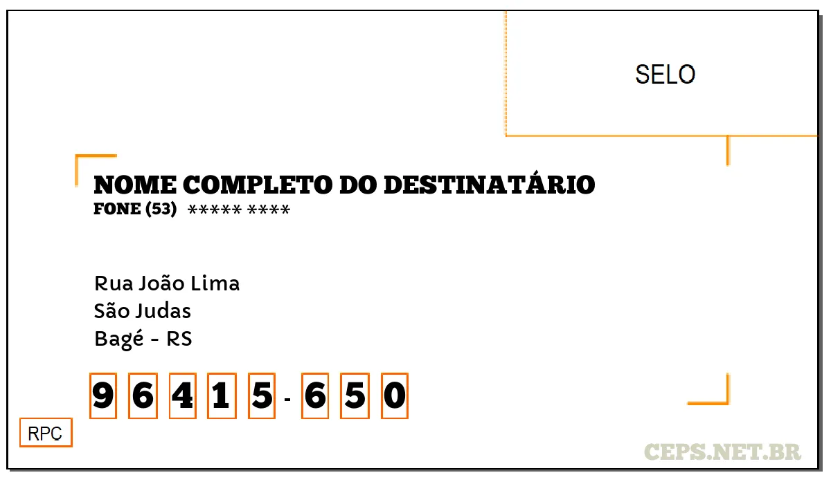 CEP BAGÉ - RS, DDD 53, CEP 96415650, RUA JOÃO LIMA, BAIRRO SÃO JUDAS.