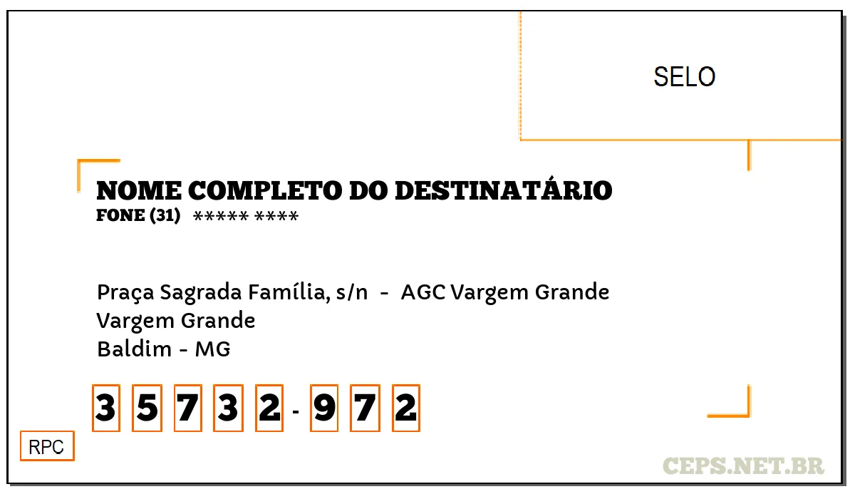 CEP BALDIM - MG, DDD 31, CEP 35732972, PRAÇA SAGRADA FAMÍLIA, S/N , BAIRRO VARGEM GRANDE.