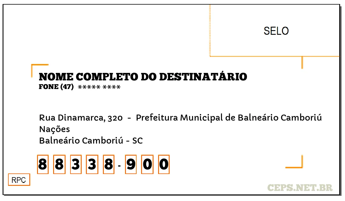 CEP BALNEÁRIO CAMBORIÚ - SC, DDD 47, CEP 88338900, RUA DINAMARCA, 320 , BAIRRO NAÇÕES.