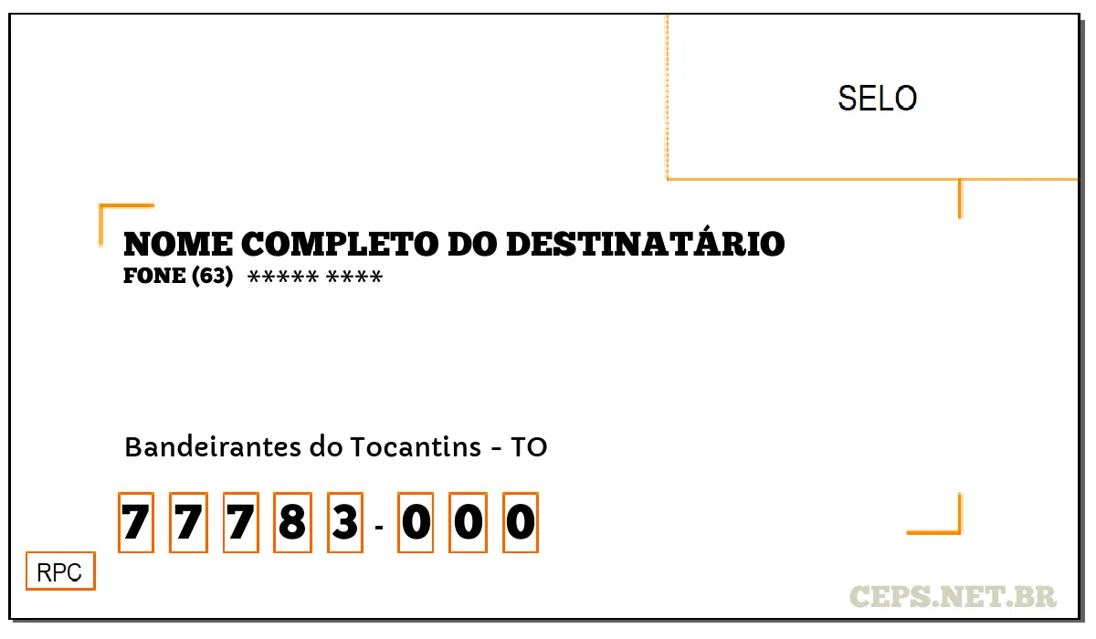 CEP BANDEIRANTES DO TOCANTINS - TO, DDD 63, CEP 77783000, , BAIRRO .