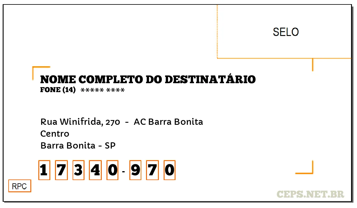 CEP BARRA BONITA - SP, DDD 14, CEP 17340970, RUA WINIFRIDA, 270 , BAIRRO CENTRO.