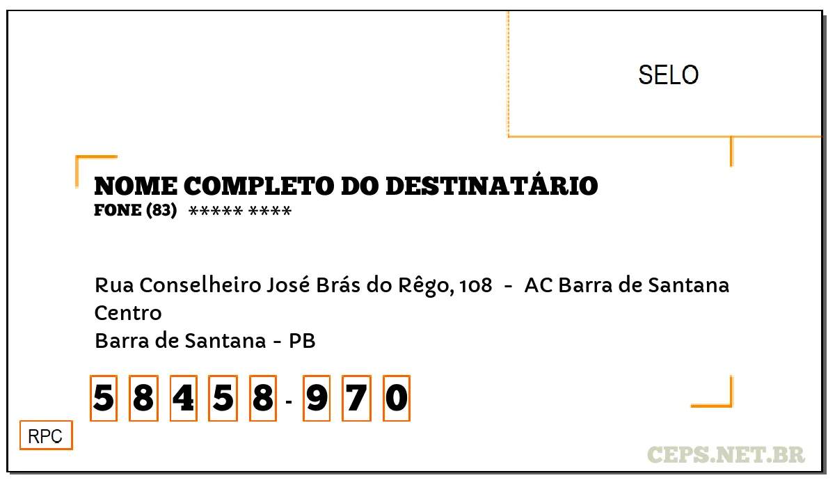 CEP BARRA DE SANTANA - PB, DDD 83, CEP 58458970, RUA CONSELHEIRO JOSÉ BRÁS DO RÊGO, 108 , BAIRRO CENTRO.