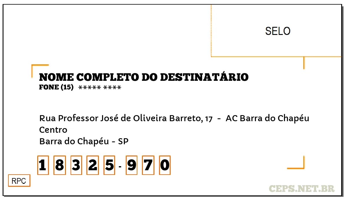 CEP BARRA DO CHAPÉU - SP, DDD 15, CEP 18325970, RUA PROFESSOR JOSÉ DE OLIVEIRA BARRETO, 17 , BAIRRO CENTRO.