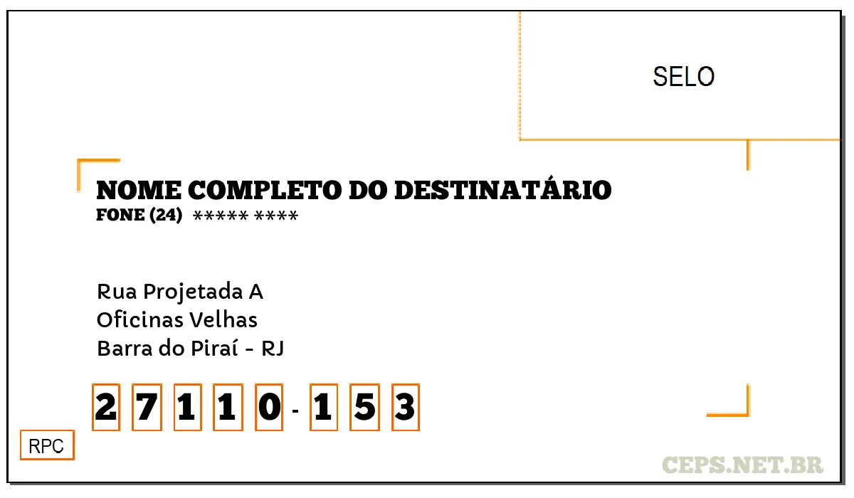 CEP BARRA DO PIRAÍ - RJ, DDD 24, CEP 27110153, RUA PROJETADA A, BAIRRO OFICINAS VELHAS.