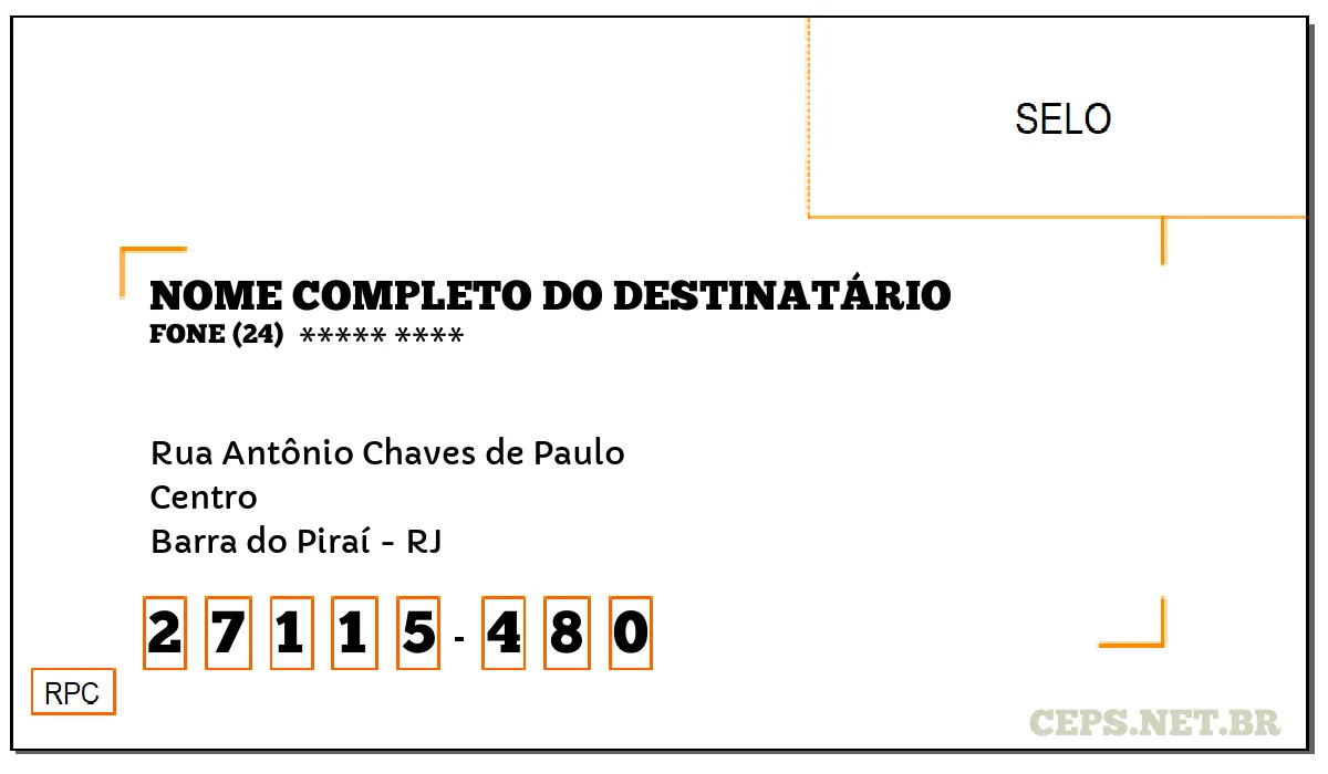 CEP BARRA DO PIRAÍ - RJ, DDD 24, CEP 27115480, RUA ANTÔNIO CHAVES DE PAULO, BAIRRO CENTRO.