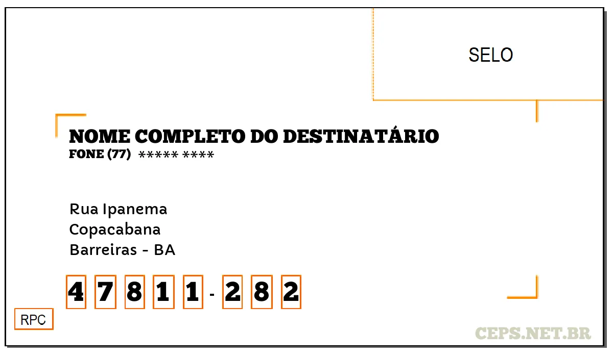 CEP BARREIRAS - BA, DDD 77, CEP 47811282, RUA IPANEMA, BAIRRO COPACABANA.