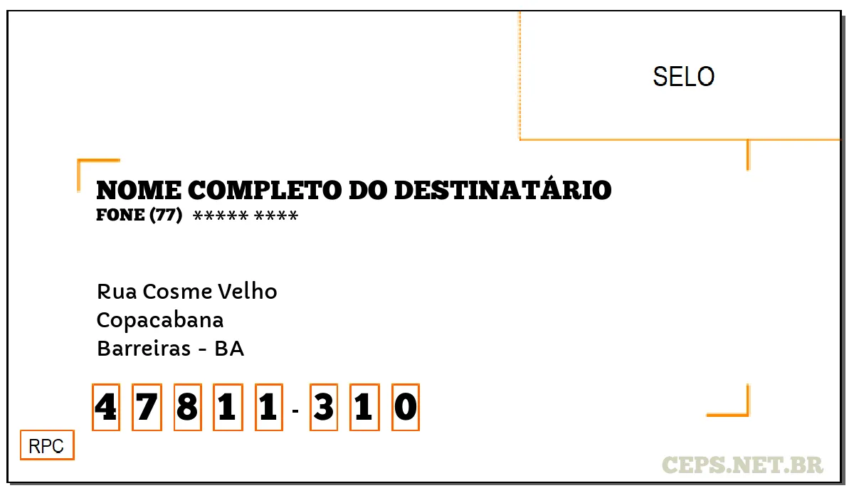 CEP BARREIRAS - BA, DDD 77, CEP 47811310, RUA COSME VELHO, BAIRRO COPACABANA.