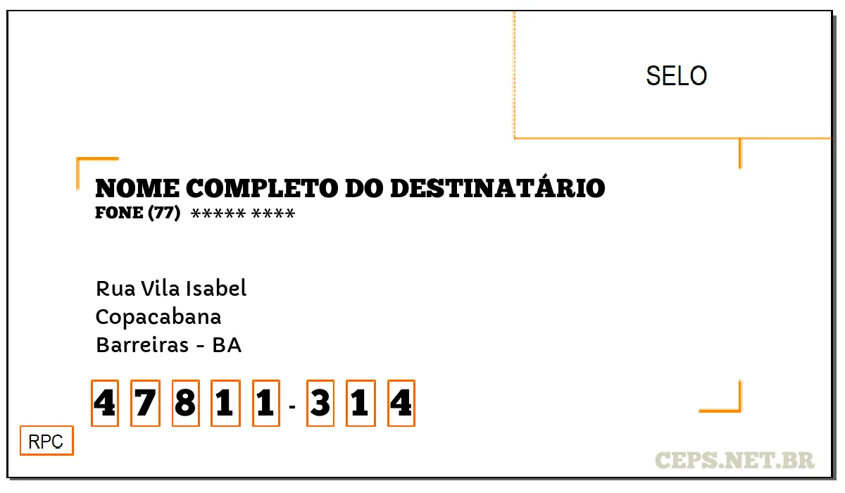 CEP BARREIRAS - BA, DDD 77, CEP 47811314, RUA VILA ISABEL, BAIRRO COPACABANA.