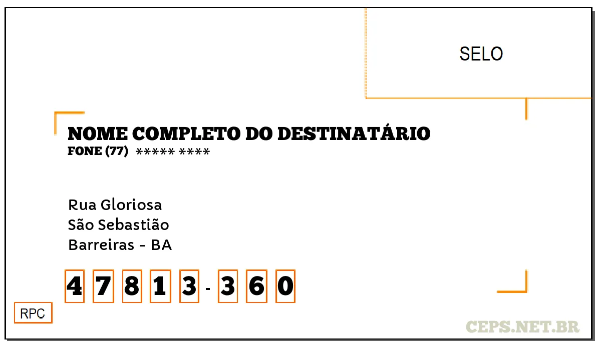 CEP BARREIRAS - BA, DDD 77, CEP 47813360, RUA GLORIOSA, BAIRRO SÃO SEBASTIÃO.