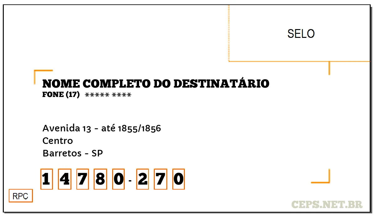 CEP BARRETOS - SP, DDD 17, CEP 14780270, AVENIDA 13 - ATÉ 1855/1856, BAIRRO CENTRO.