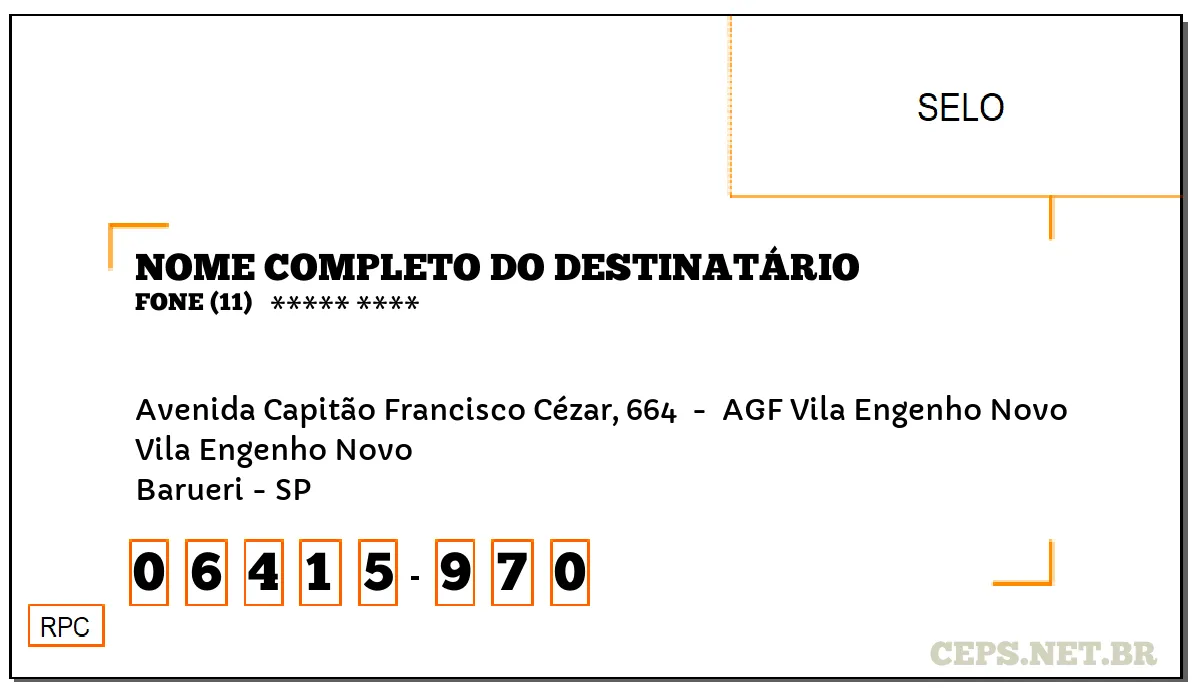 CEP BARUERI - SP, DDD 11, CEP 06415970, AVENIDA CAPITÃO FRANCISCO CÉZAR, 664 , BAIRRO VILA ENGENHO NOVO.