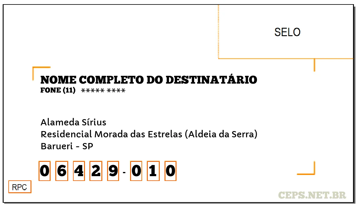 CEP BARUERI - SP, DDD 11, CEP 06429010, ALAMEDA SÍRIUS, BAIRRO RESIDENCIAL MORADA DAS ESTRELAS (ALDEIA DA SERRA).