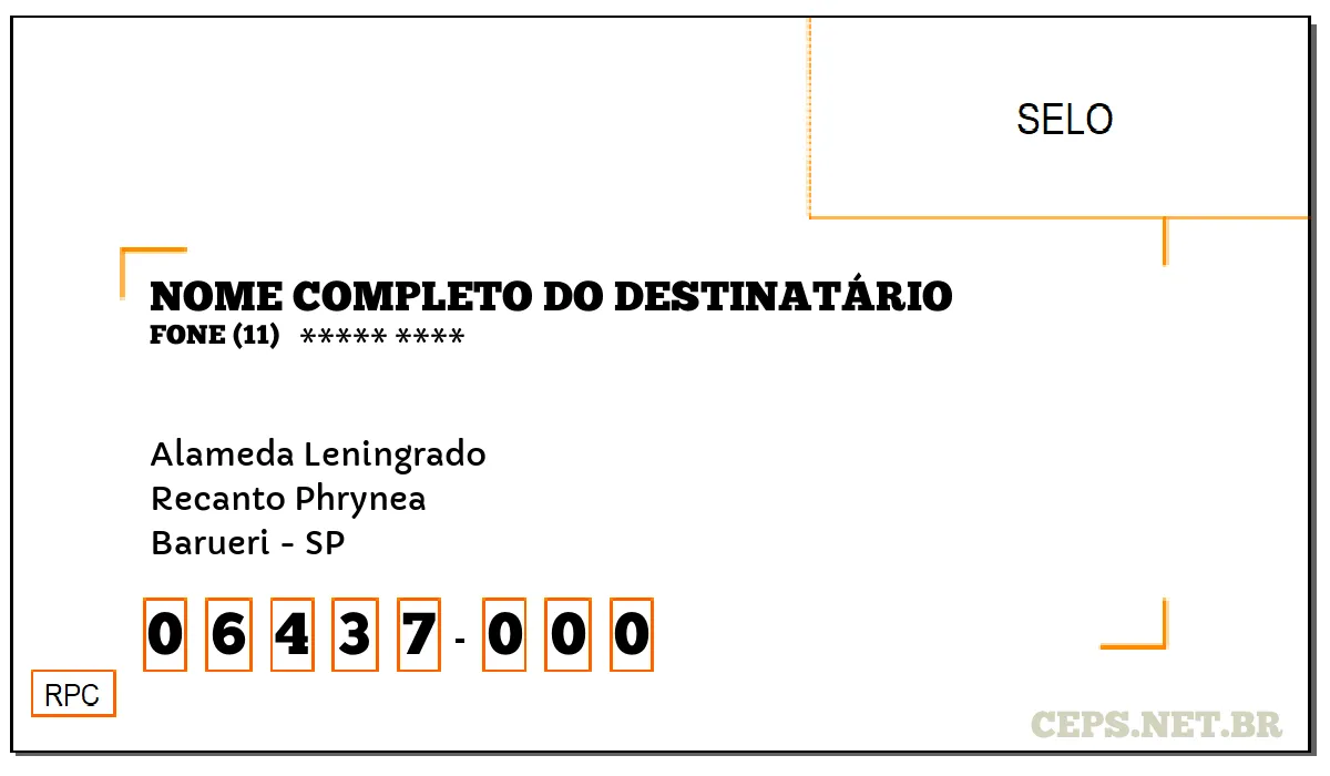 CEP BARUERI - SP, DDD 11, CEP 06437000, ALAMEDA LENINGRADO, BAIRRO RECANTO PHRYNEA.