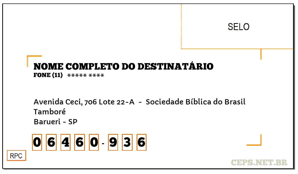 CEP BARUERI - SP, DDD 11, CEP 06460936, AVENIDA CECI, 706 LOTE 22-A , BAIRRO TAMBORÉ.