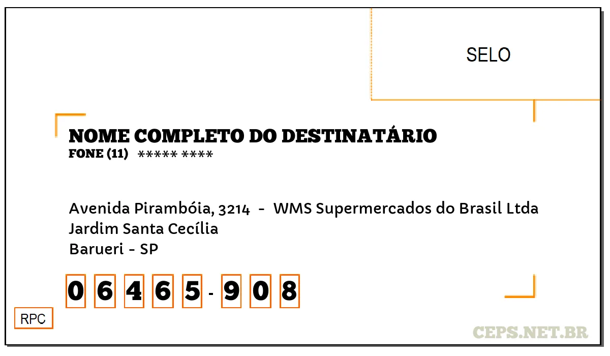 CEP BARUERI - SP, DDD 11, CEP 06465908, AVENIDA PIRAMBÓIA, 3214 , BAIRRO JARDIM SANTA CECÍLIA.