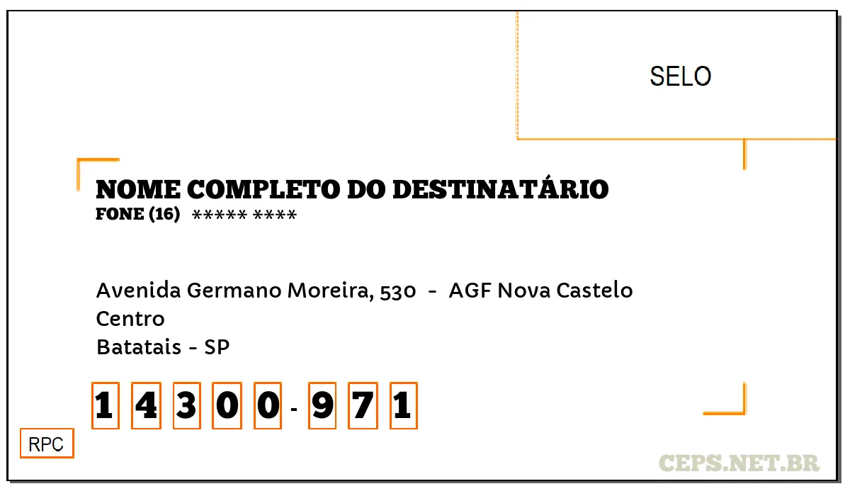 CEP BATATAIS - SP, DDD 16, CEP 14300971, AVENIDA GERMANO MOREIRA, 530 , BAIRRO CENTRO.