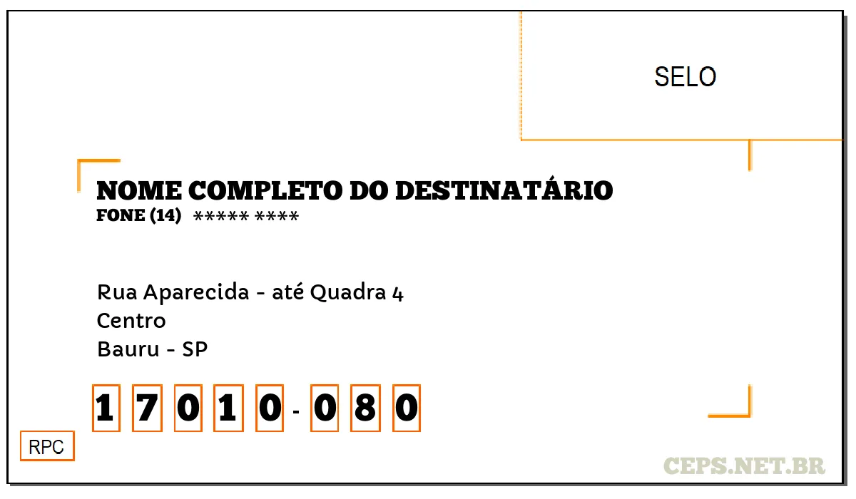 CEP BAURU - SP, DDD 14, CEP 17010080, RUA APARECIDA - ATÉ QUADRA 4, BAIRRO CENTRO.