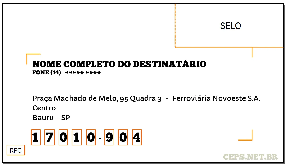 CEP BAURU - SP, DDD 14, CEP 17010904, PRAÇA MACHADO DE MELO, 95 QUADRA 3 , BAIRRO CENTRO.