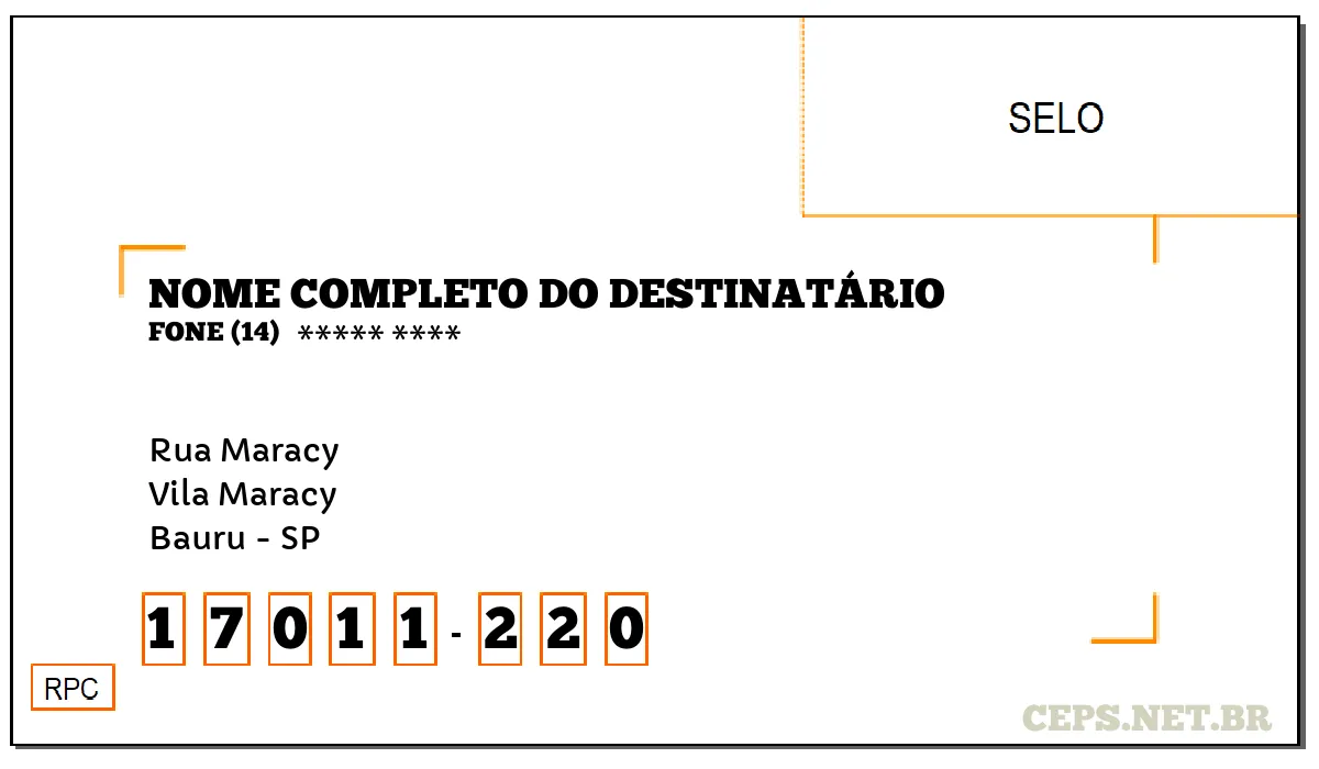 CEP BAURU - SP, DDD 14, CEP 17011220, RUA MARACY, BAIRRO VILA MARACY.