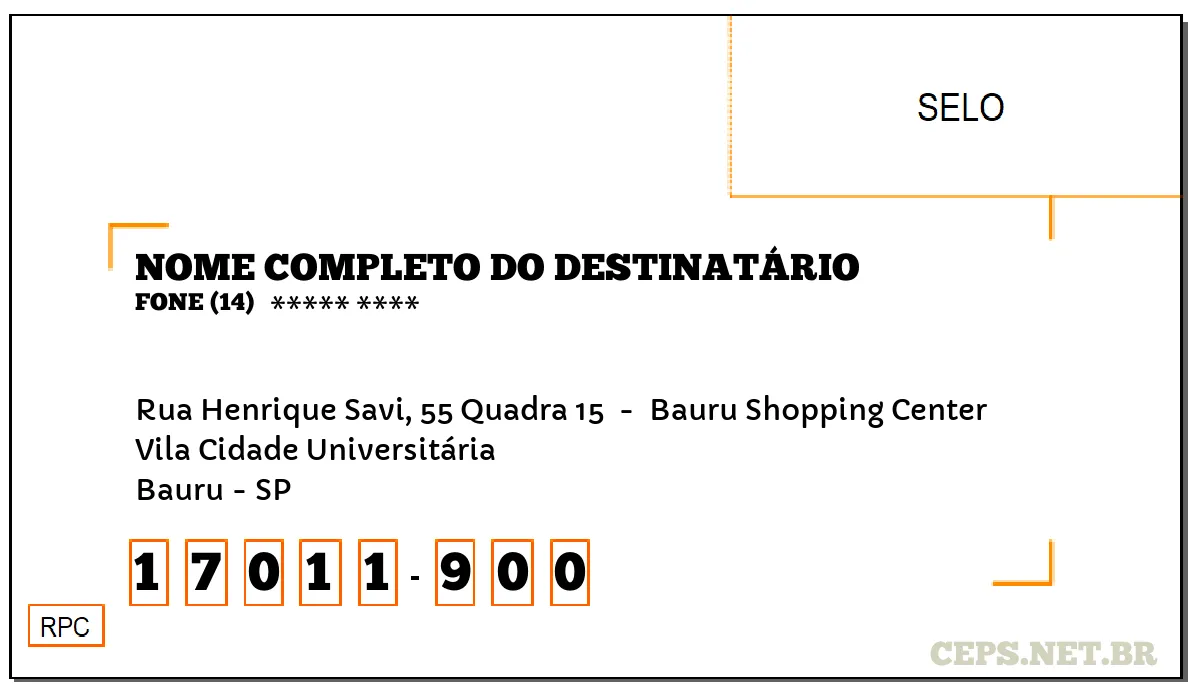 CEP BAURU - SP, DDD 14, CEP 17011900, RUA HENRIQUE SAVI, 55 QUADRA 15 , BAIRRO VILA CIDADE UNIVERSITÁRIA.